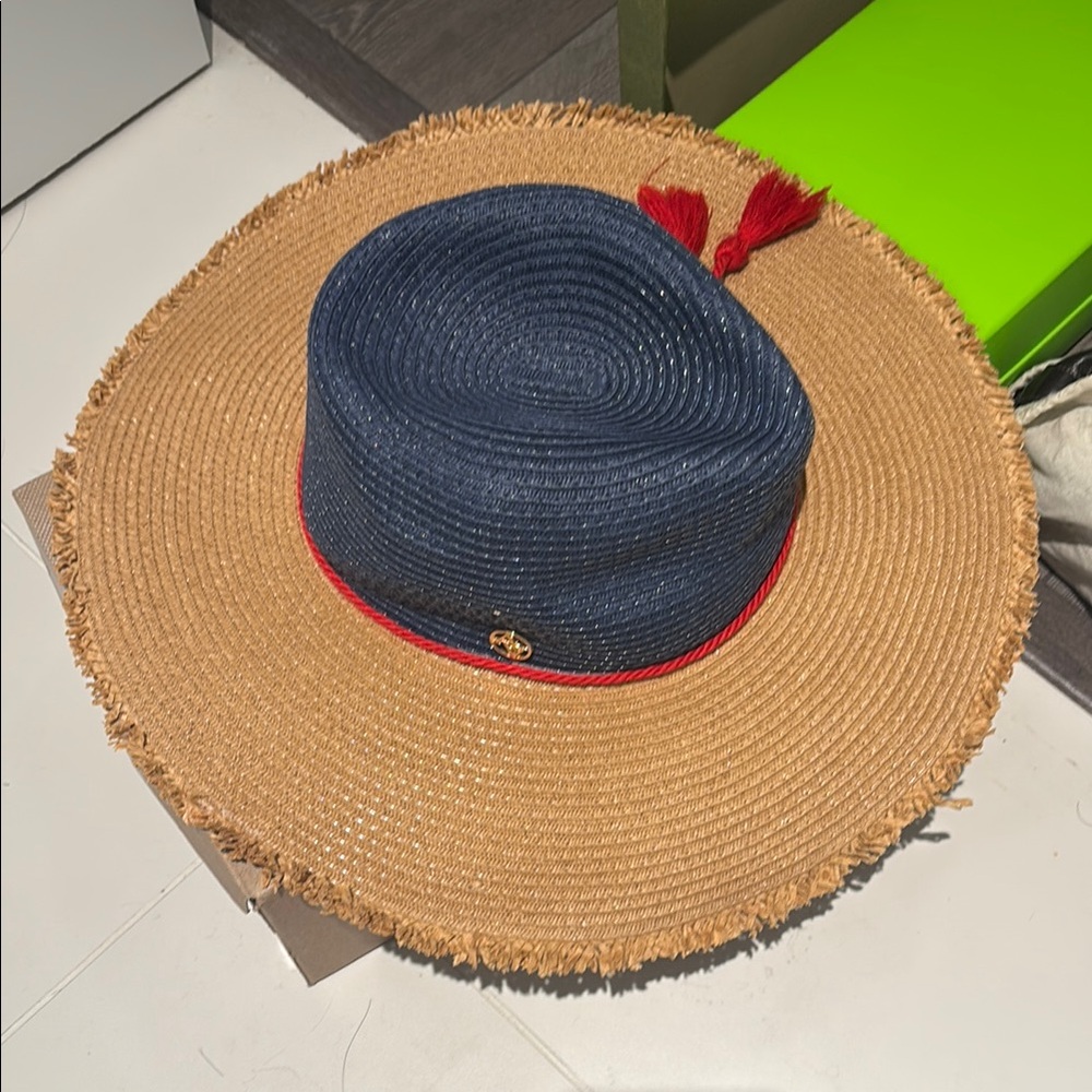Adrienne Vittadini Tan and Navy Straw Hat